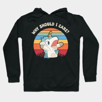 Black hoodie with playful unicorn graphic and "Why Should I Care?" text, ideal for casual wear, cotton blend fabric.
