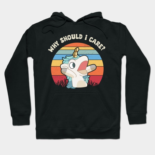 Black hoodie with playful unicorn graphic and "Why Should I Care?" text, ideal for casual wear, cotton blend fabric.
