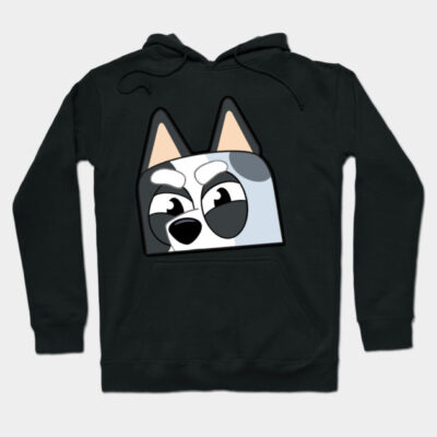 Black hoodie with cartoon dog face design, featuring adjustable drawstrings and front pocket, casual style.