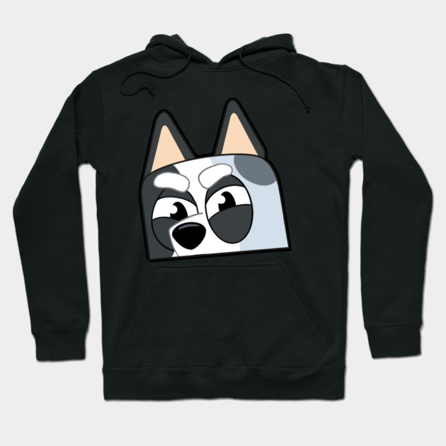 Black hoodie with cartoon dog face design, featuring adjustable drawstrings and front pocket, casual style.