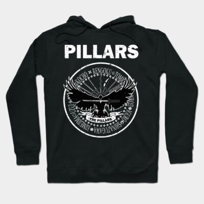 Black hoodie with "Pillars" graphic design, featuring bold white text and intricate illustration. Casual and stylish attire.
