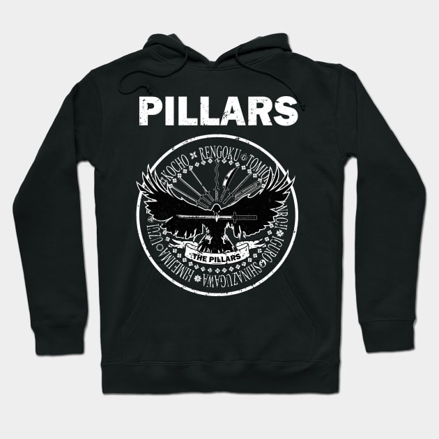 Black hoodie with "Pillars" graphic design, featuring bold white text and intricate illustration. Casual and stylish attire.