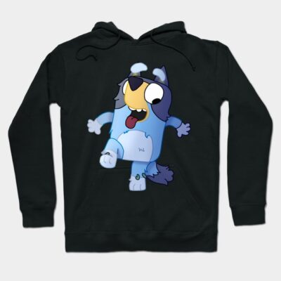 Black hoodie with playful blue cartoon character design, cozy cotton material, perfect for casual wear.