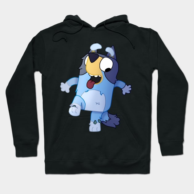 Black hoodie with playful blue cartoon character design, cozy cotton material, perfect for casual wear.
