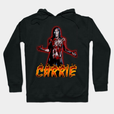 Black horror-themed graphic hoodie featuring bold "Carrie" text with red and yellow design, perfect for casual wear.