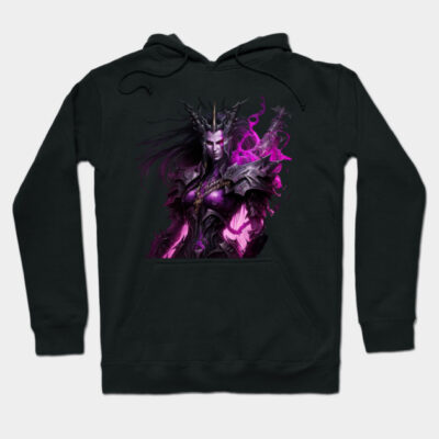 Black fantasy-themed hoodie with purple mystical design, featuring a warrior illustration. Perfect for casual wear.