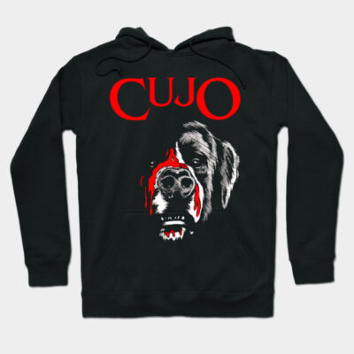 Black hoodie with bold red "Cujo" text and graphic design, ideal for casual wear, soft cotton material.