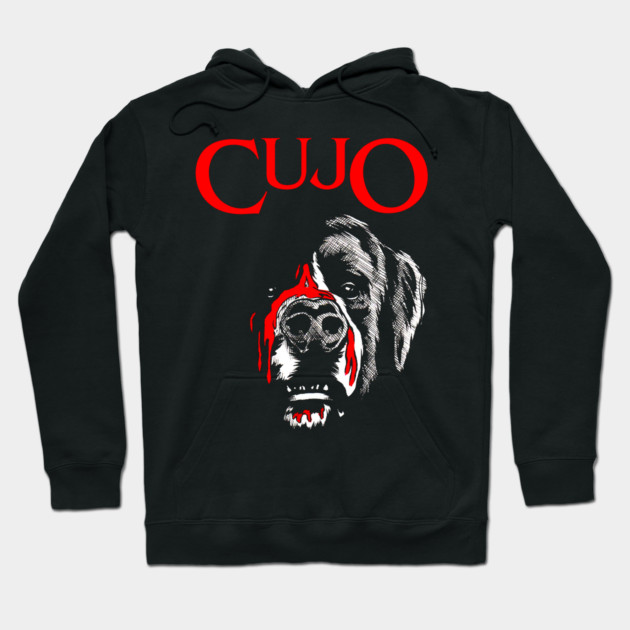 Black hoodie with bold red "Cujo" text and graphic design, ideal for casual wear, soft cotton material.