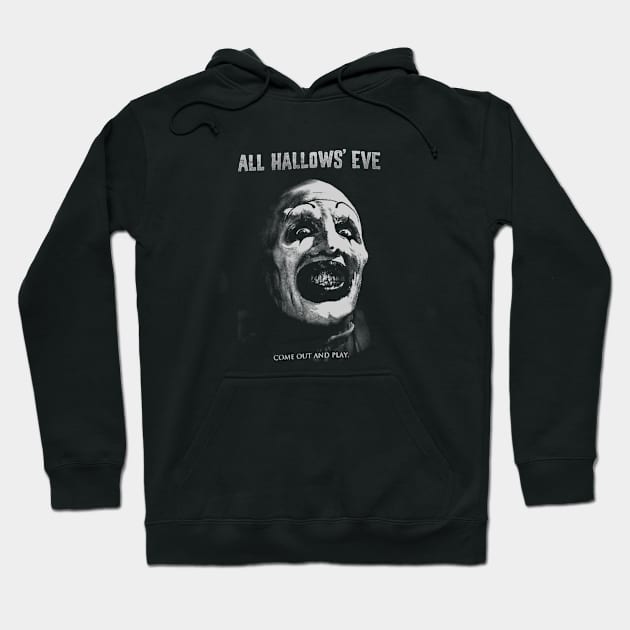 Black Halloween hoodie with spooky graphic, "All Hallows' Eve" text, perfect for festive occasions and cool weather.