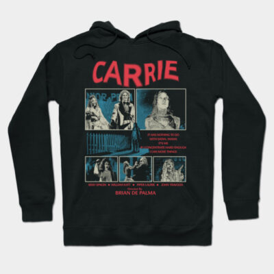 Black hoodie with a retro horror movie design, featuring film scenes and text. Cozy cotton material, unisex style.