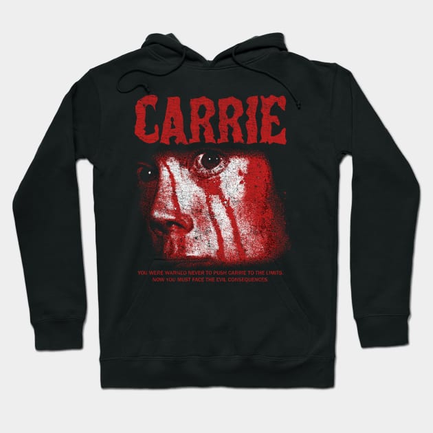 Black hoodie with bold red graphic text "CARRIE" and artistic face design, perfect for casual wear and fan apparel.