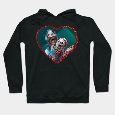 Black hooded sweatshirt with zombie heart graphic, cotton blend, casual wear, unique design, unisex, cozy and stylish.