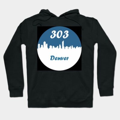 Black hoodie with "303 Denver" city skyline print, casual style, comfortable cotton blend, perfect for everyday wear.