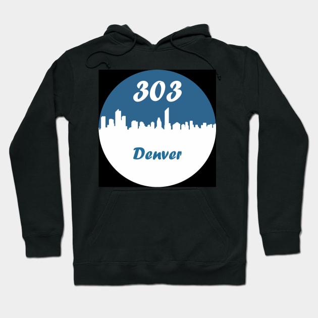 Black hoodie with "303 Denver" city skyline print, casual style, comfortable cotton blend, perfect for everyday wear.