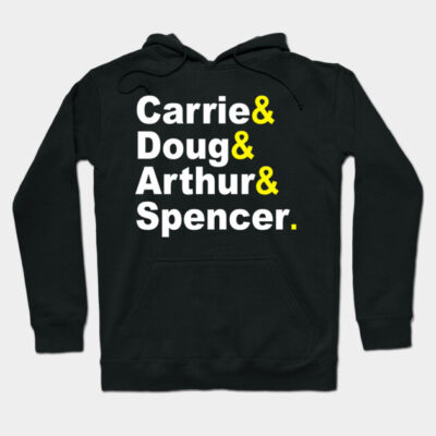 Black hoodie with bold white and yellow text design, cozy cotton material, casual streetwear style.