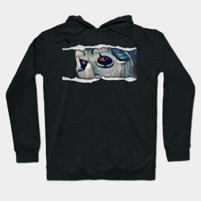 Black hoodie with eerie mask graphic, perfect for Halloween. Comfortable cotton blend, ideal for casual wear.