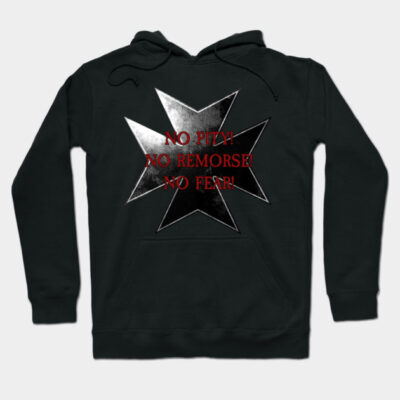 Black hoodie with star emblem and bold red text, casual style, comfortable cotton blend for everyday wear.