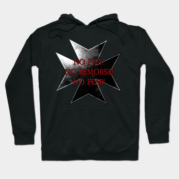 Black hoodie with star emblem and bold red text, casual style, comfortable cotton blend for everyday wear.
