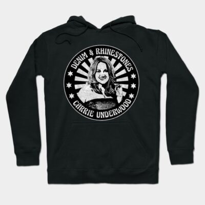 Black hoodie with circular graphic design, featuring text "Denim & Rhinestones" and decorative stars, casual style.
