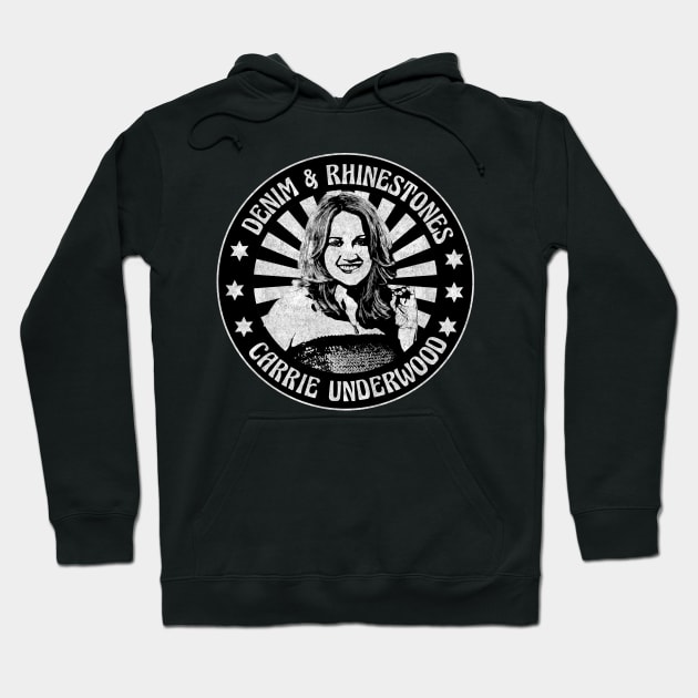 Black hoodie with circular graphic design, featuring text "Denim & Rhinestones" and decorative stars, casual style.