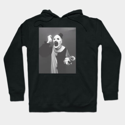 Black cotton hoodie with a black-and-white clown print, unisex design, ideal for casual wear or cool weather.