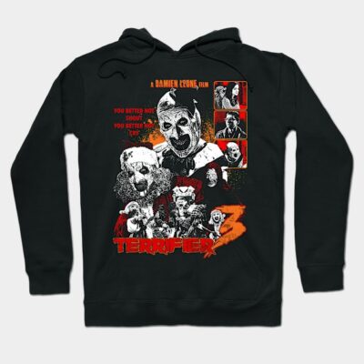 Black horror-themed hoodie with graphic print, perfect for movie fans. Comfortable cotton material, casual style.