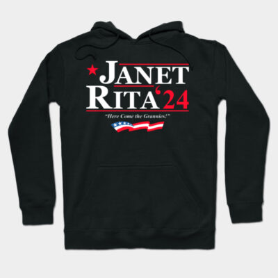 Black hoodie with "Janet Rita '24" slogan, patriotic design, casual style, perfect for cool weather and everyday wear.