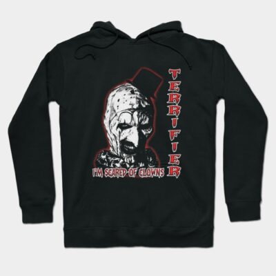 Black Terrifier hoodie with horror clown graphic and text "I'm Scared of Clowns," perfect for Halloween enthusiasts.
