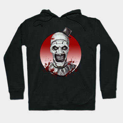 Black hoodie with horror-themed graphic, featuring a creepy clown design, perfect for Halloween or casual wear.
