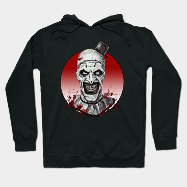 Black hoodie with horror-themed graphic, featuring a creepy clown design, perfect for Halloween or casual wear.