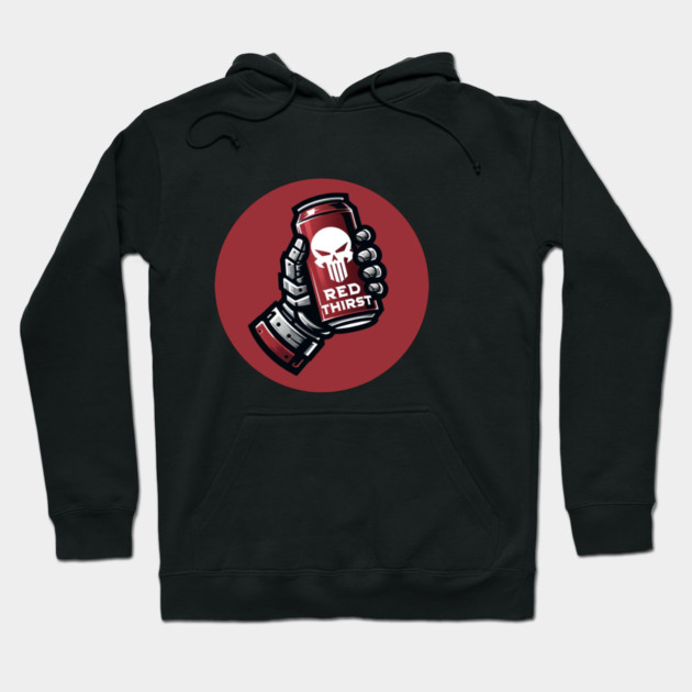 Black hoodie with "Red Thirst" graphic, featuring a robotic hand holding a can. Casual style, cotton blend material.
