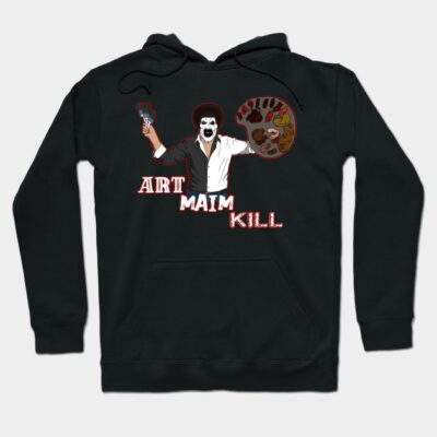 Black hoodie with horror art-themed print, featuring paint palette and text "Art Maim Kill", cotton material.
