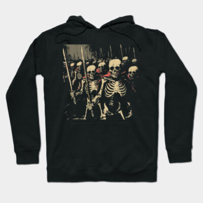 Black hoodie with skeleton army graphic, perfect for casual wear, made from soft cotton blend for comfort and style.