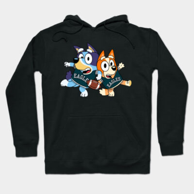 Black hoodie with playful cartoon dogs, Eagles text, and football graphic. Cozy, casual wear for everyday comfort.