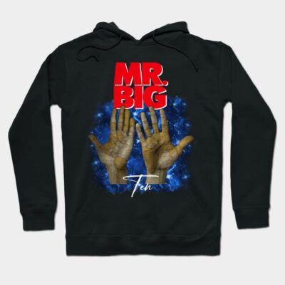 Black hoodie with "Mr. Big" graphic, featuring hands and cosmic design; casual wear, cotton blend fabric.