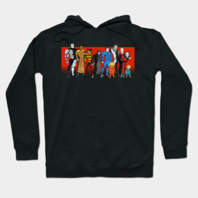 Black hoodie with colorful cartoon characters, long sleeves, and front pocket. Ideal for casual wear or gifting.