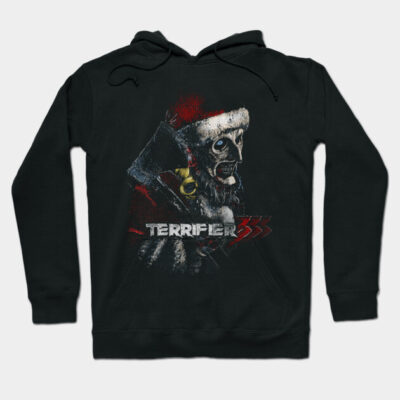 Black hoodie with a horror-themed graphic and "Terrifier 3" text, featuring a Santa hat. Perfect for Halloween fans.