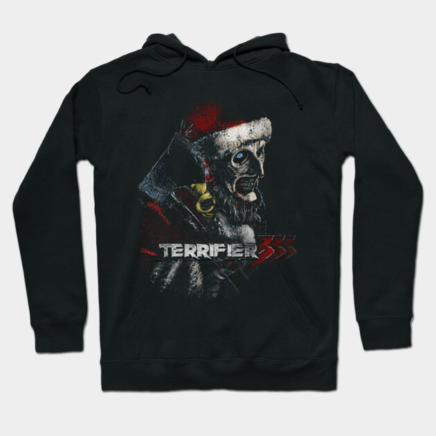 Black hoodie with a horror-themed graphic and "Terrifier 3" text, featuring a Santa hat. Perfect for Halloween fans.