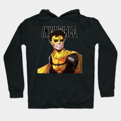 Black hooded sweatshirt featuring colorful superhero graphic, casual style, perfect for everyday wear.