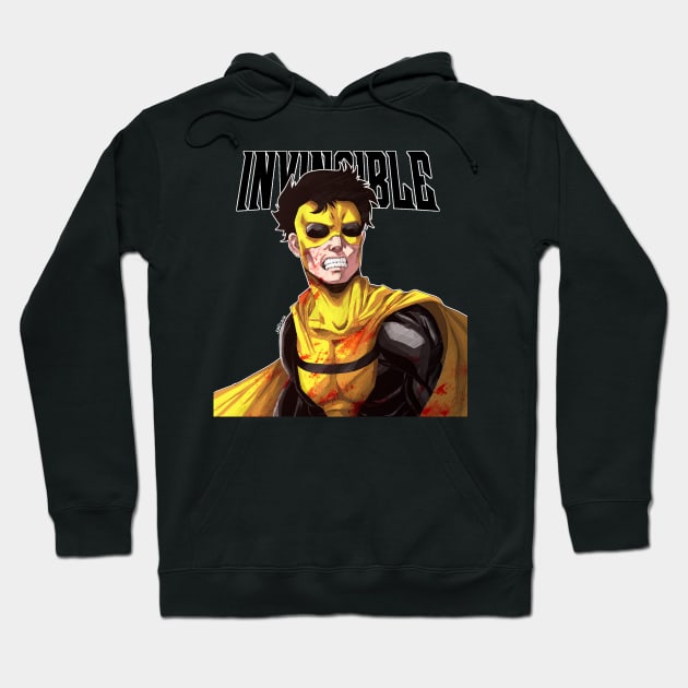 Black hooded sweatshirt featuring colorful superhero graphic, casual style, perfect for everyday wear.