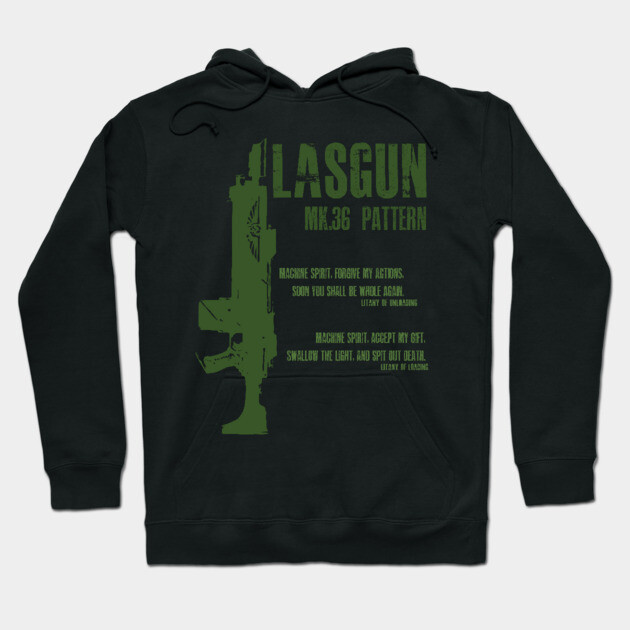 Black hoodie with green Lasgun MK.36 print, casual style, soft cotton material, ideal for everyday wear.