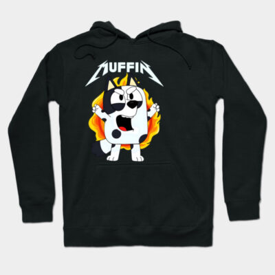 Black hoodie with cartoon graphic and flame design, featuring bold text "MUFFIN". Casual wear, cotton material.