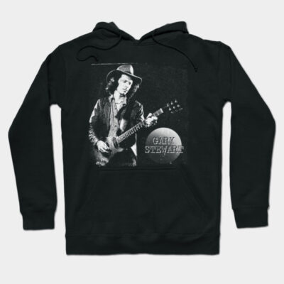 Black hoodie with vintage musician graphic, featuring guitar and hat design. Cozy cotton blend, ideal for casual wear.