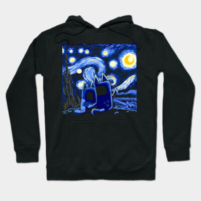 Black hoodie featuring a whimsical night sky design, inspired by famous artwork. Cozy cotton fabric, perfect for casual wear.