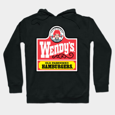 Black hoodie with retro fast-food logo, featuring bold red and yellow design, casual style, cotton blend material.