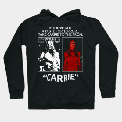 Black hoodie with horror movie graphic, featuring black and red print, cotton material, perfect for casual wear.