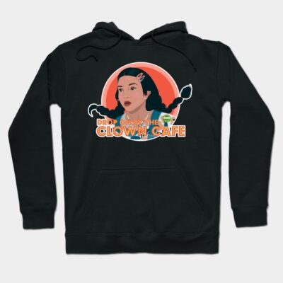 Black hoodie with colorful graphic design featuring "Clown Cafe" text, casual style, cotton material.