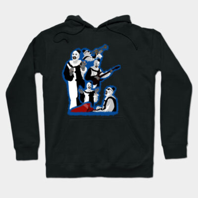 Black hoodie with colorful clown band graphic, casual style, cotton blend material, ideal for cool weather wear.