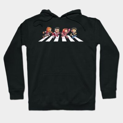 Black hoodie with cartoon characters crossing a street, featuring drawstrings and a front pocket.