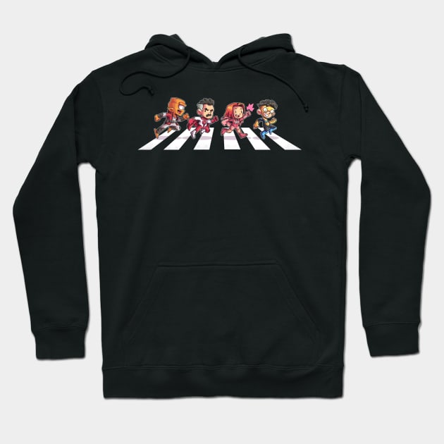 Black hoodie with cartoon characters crossing a street, featuring drawstrings and a front pocket.